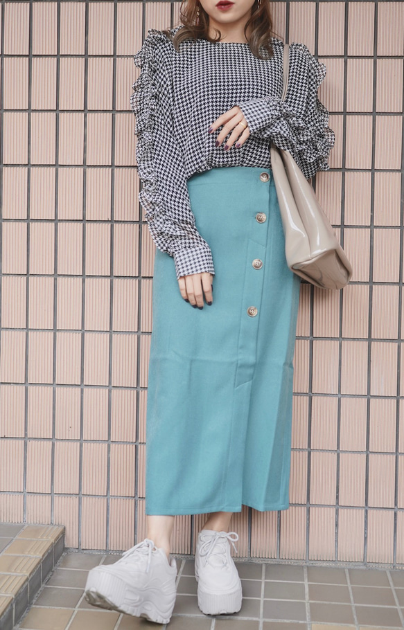 Button Design H-Line Skirt（green） ロングスカート ブルー 青 ガーリー 3枚目の画像