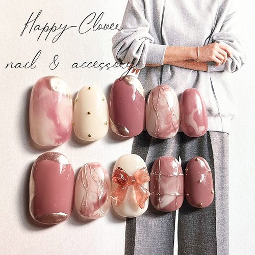 ネイルチップ くすみピンクのリボンニュアンスネイル 成人式ネイル