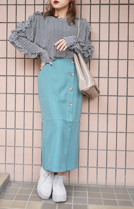 Houndstooth Frill Sleeve Top 長袖ブラウス ブラック 黒 ガーリー