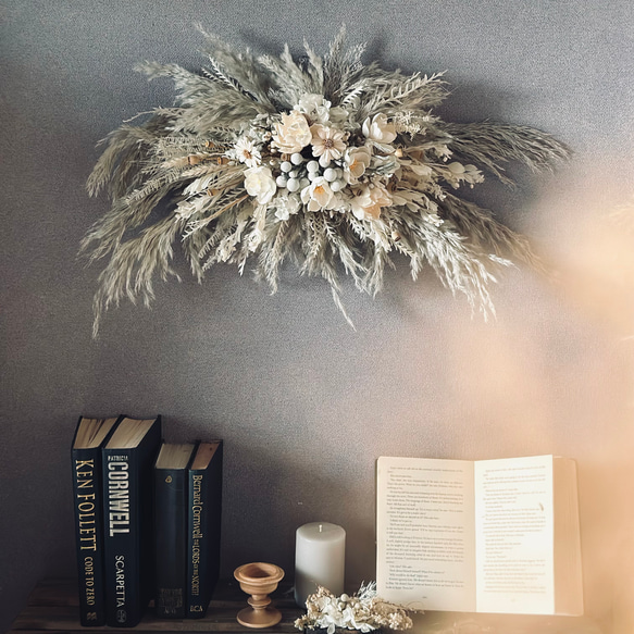 ドライフラワー壁掛けアレンジ】受付スペースに ニュアンスグレー