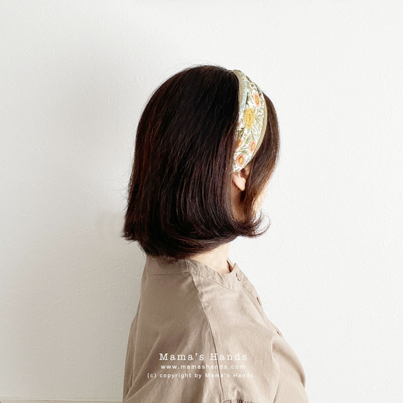 時尚 William Morris Meadow x 亞麻苔綠花卉春季頭巾髮帶 第3張的照片