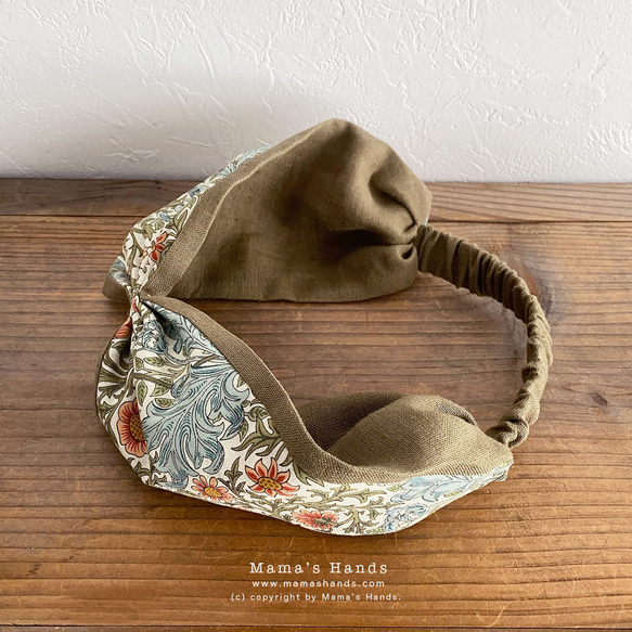 ⭐️残り1点⭐️おしゃれな ウィリアムモリス メドー x リネン モスグリーン 花柄 ターバン ヘアバンド 5枚目の画像