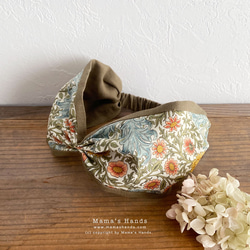 ⭐️残り1点⭐️おしゃれな ウィリアムモリス メドー x リネン モスグリーン 花柄 ターバン ヘアバンド 4枚目の画像