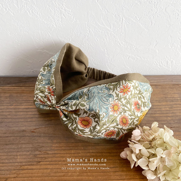 ⭐️残り1点⭐️おしゃれな ウィリアムモリス メドー x リネン モスグリーン 花柄 ターバン ヘアバンド 4枚目の画像