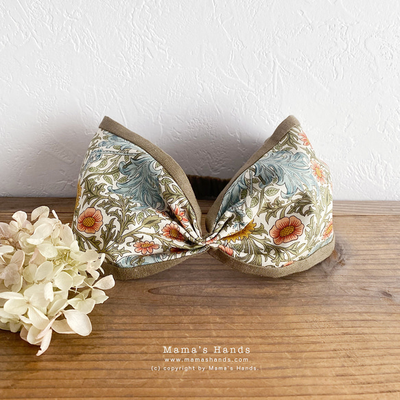 ⭐️残り1点⭐️おしゃれな ウィリアムモリス メドー x リネン モスグリーン 花柄 ターバン ヘアバンド 6枚目の画像