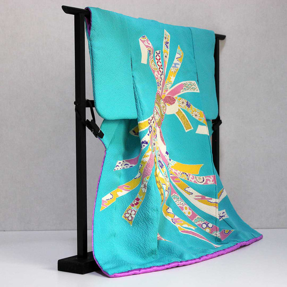 手描き京友禅のミニチュア着物熨斗模様浅葱色（絹100%） 3枚目の画像