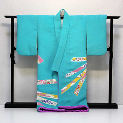 手描き京友禅のミニチュア着物熨斗模様浅葱色（絹100%） 7枚目の画像