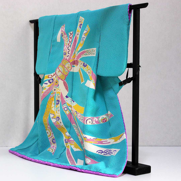 手描き京友禅のミニチュア着物熨斗模様浅葱色（絹100%） 4枚目の画像