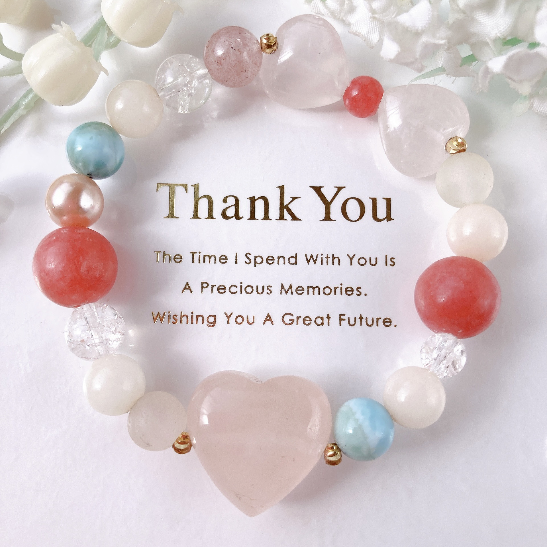 大粒ローズクォーツハートリボンラリマー天然石ブレスレット