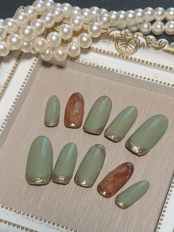 ネイルチップ 大人ネイル オリーブグリーン ブラウン ゴールドミラー