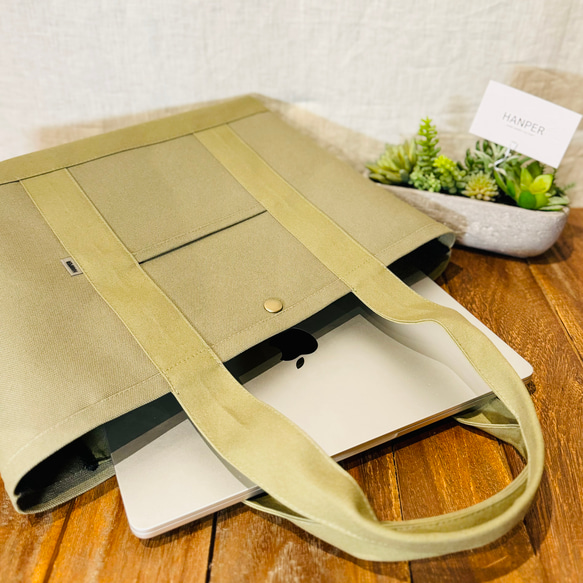 A4対応 シンプルな帆布トートバッグ《カーキ》　Ｌサイズ 1枚目の画像