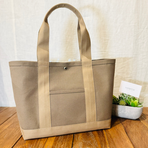 トートバッグ ハンドメイド 帆布 ライム✖️ブラウン 横44×縦34×マチ15㎝ - トートバッグ