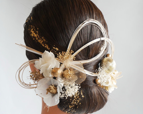 ドライフラワー＆プリザ髪飾り♡水引♡卒業式♡結婚式♡紐アレンジ♡金箔ヘア♡成人式 髪飾り ヴァニーユ【ヘアアクセサリー 花 ドライフラワー プリザーブド