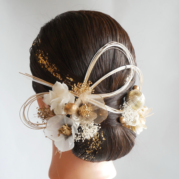 A146 白ゴールド クリア椿 水引アレンジ ドライフラワー 髪飾り 成人式