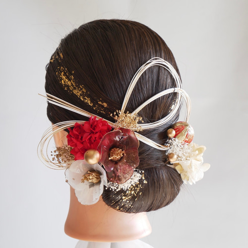 A147 赤白 クリア椿 水引アレンジ ドライフラワー 髪飾り 成人式 卒業