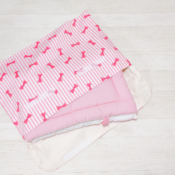 ピンクストライプにリボン　防災頭巾カバー背もたれタイプ　入園入学準備 3枚目の画像