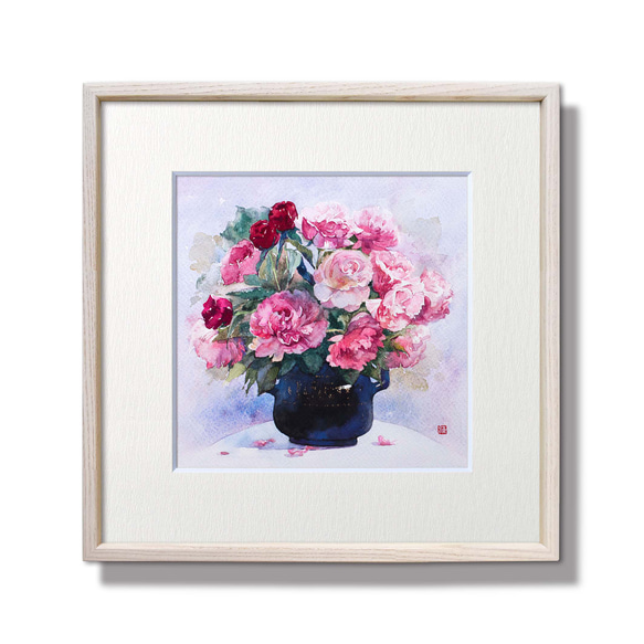 水彩画　バラ　原画　　額縁入り 花で潤う毎日】水彩原画 一点物 額縁付き 豪華プレゼント付き