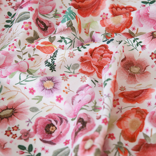 韓国製 花柄 ボタン 刺繡風牡丹花 生地 コットン100％シーチング Pink