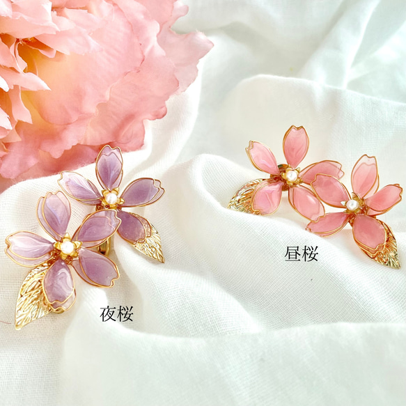 色が変わる零れ桜のイヤリング/ピアス ٭❀*ぷっくり透明感が大人綺麗・シンプル 華やか 軽い 大ぶり 春コーデ 9枚目の画像