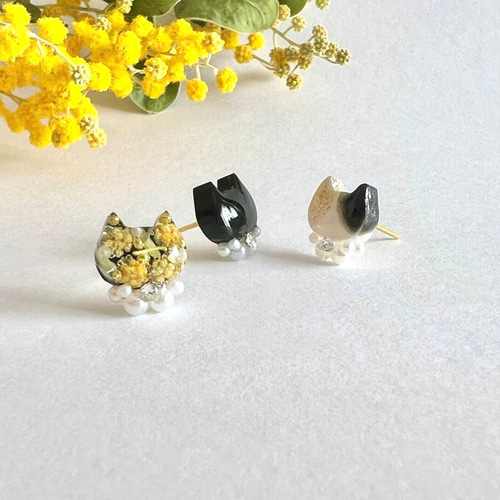 ミニ猫ピアス・イヤリング♡ミモザ猫・黒猫・三毛猫 3点セット 猫の日