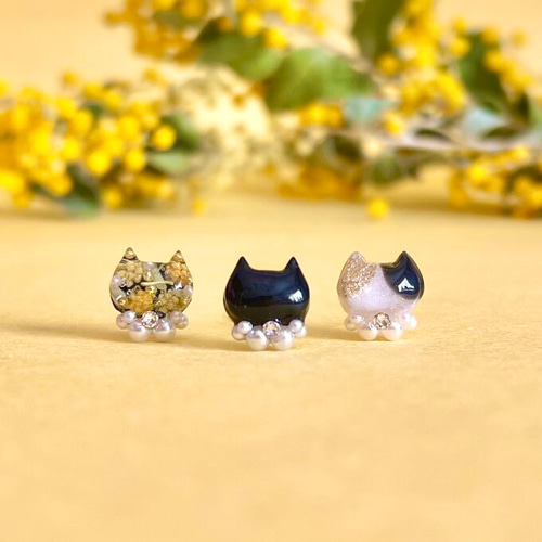 ミニ猫ピアス・イヤリング♡ミモザ猫・黒猫・三毛猫 3点セット 猫の日