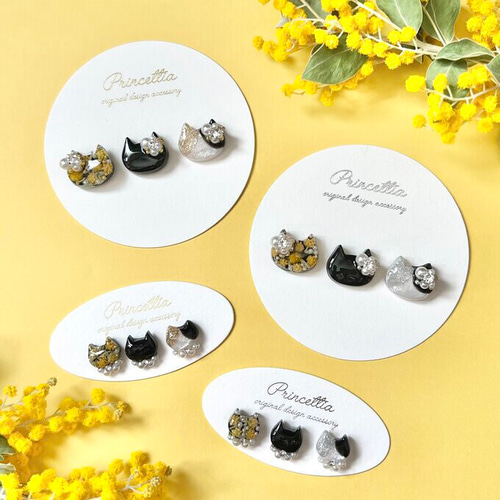 ミニ猫ピアス・イヤリング♡ミモザ猫・黒猫・三毛猫 3点セット 猫の日