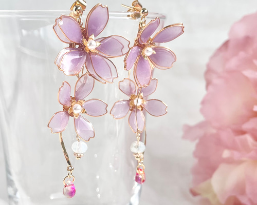 天然石♡はるうらら〜枝垂れ桜のスペシャルロングピアス14kgf 特集】色が変わる枝垂れ桜のピアス/イヤリング ٭❀* 揺れる大人