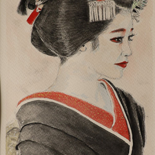 赤い衿（あかいえり) 水彩画・舞妓・ 原画 ※防カビ処理済 絵画 風童子 