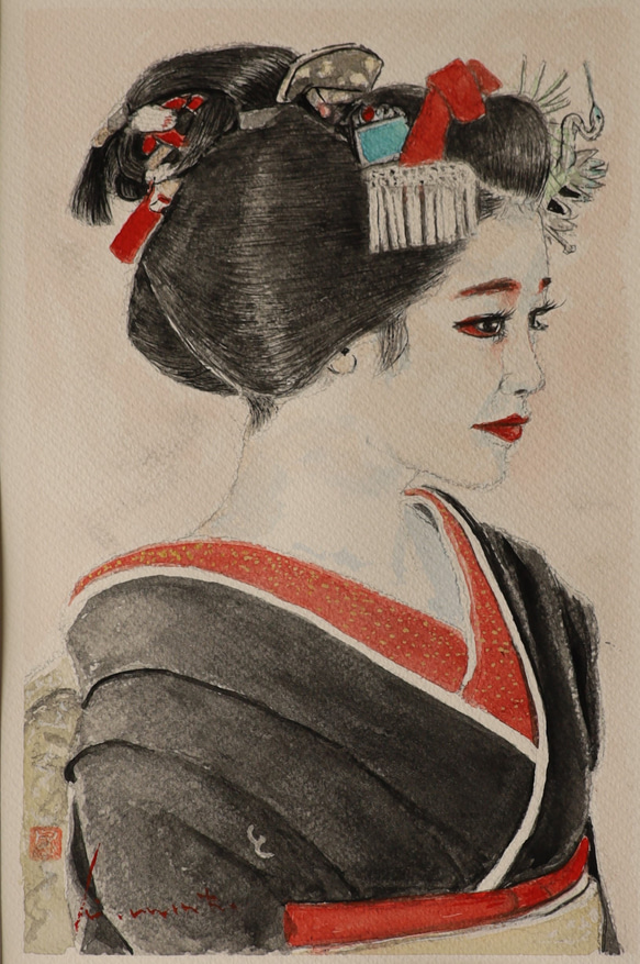 赤い衿（あかいえり)　　　　　水彩画・舞妓・ 原画 　　※防カビ処理済 2枚目の画像