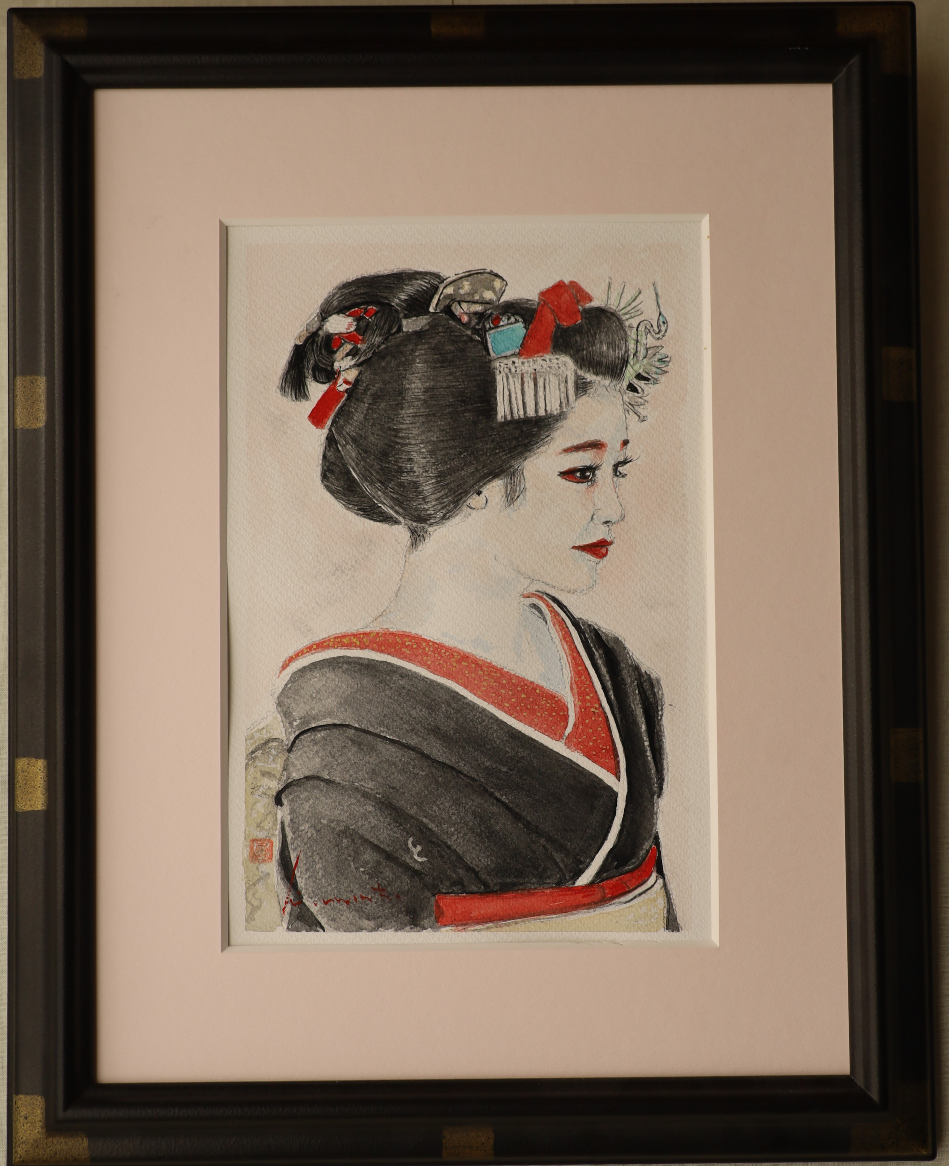 赤い衿（あかいえり)　　　　　水彩画・舞妓・ 原画 　　※防カビ処理済