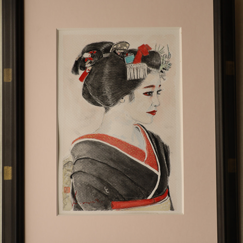 赤い衿』 水彩肉筆画 （赤い衿（あかいえり) 水彩画・舞妓