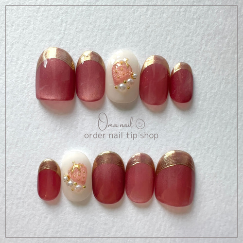 ネイルチップオーダー】ガーリーストロベリー苺パール ネイルチップ  