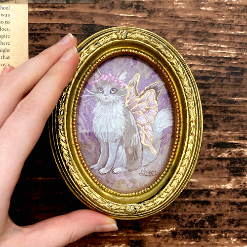 小さな絵画 猫の妖精さん -ムスカリ- /原画 アンティーク インテリア