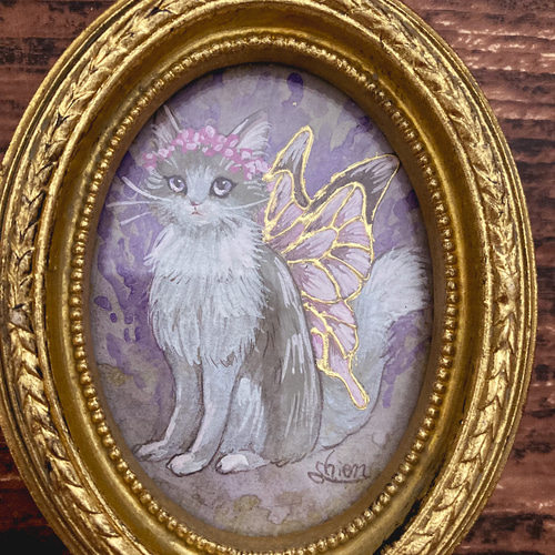 小さな絵画 猫の妖精さん -ムスカリ- /原画 アンティーク インテリア
