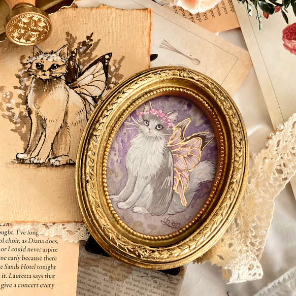 小さな絵画 猫の妖精さん -ムスカリ- /原画 アンティーク インテリア