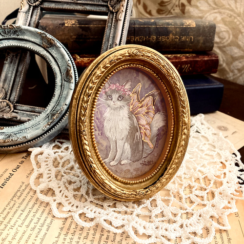 小さな絵画 猫の妖精さん -ムスカリ- /原画 アンティーク インテリア