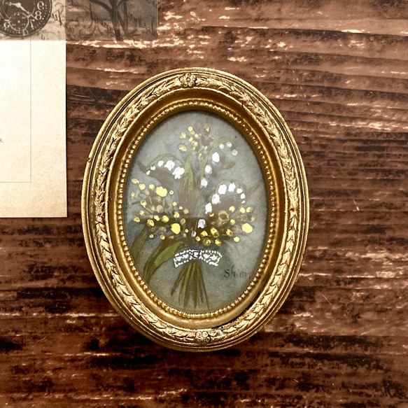 小さな絵画　春の花のブーケ　-すずらん&ミモザ-　　/原画　アンティーク　インテリアアート　 1枚目の画像