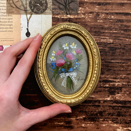 小さな絵画 春の花のブーケ -アザミ&勿忘草- /原画 アンティーク