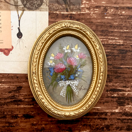 小さな絵画 春の花のブーケ -アザミ&勿忘草- /原画 アンティーク
