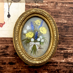 小さな絵画　春の花のブーケ　-たんぽぽ&シロツメクサ-　　/原画　アンティーク　インテリアアート　 1枚目の画像