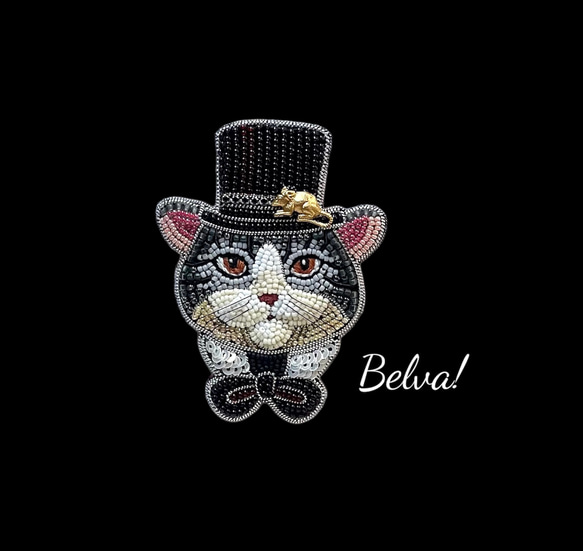 ビーズ刺繍のブローチ　-紳士的なネコ-cat 1枚目の画像