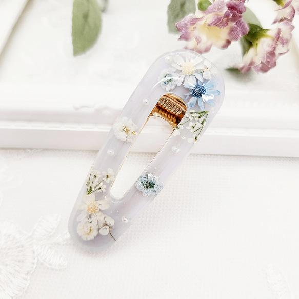 ミルキーなくすみカラー୨୧ドライフラワーレジンヘアクリップ【ブルー