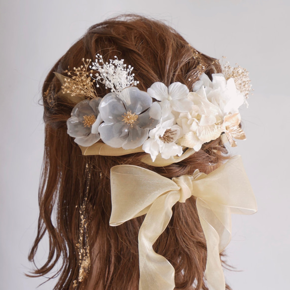 O11 ゴールド　クリアブロッサム　オーガンジーリボン　ドライフラワー　髪飾り　白　桜　卒業式　袴　成人式　振袖　結婚式 2枚目の画像