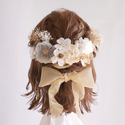 O11 ゴールド　クリアブロッサム　オーガンジーリボン　ドライフラワー　髪飾り　白　桜　卒業式　袴　成人式　振袖　結婚式 1枚目の画像