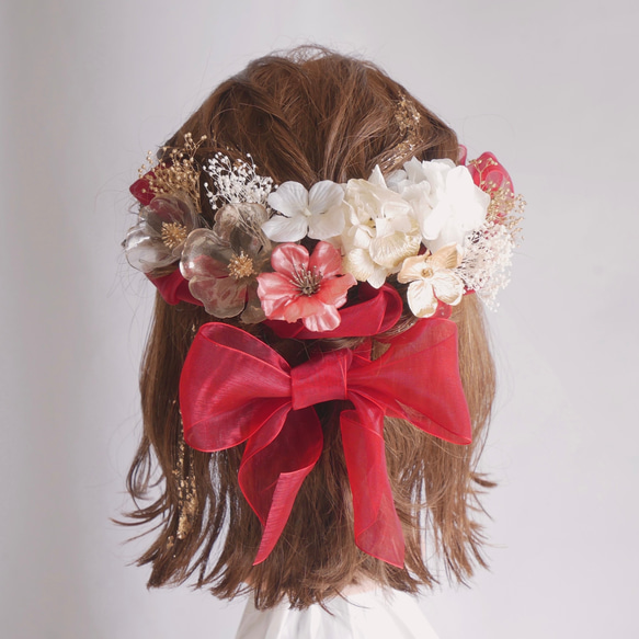 O12  赤　クリアブロッサム　オーガンジーリボン　ドライフラワー　髪飾り　白　桜　卒業式　袴　成人式　振袖　結婚式 2枚目の画像