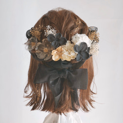 O13 黒　クリアブロッサム　オーガンジーリボン　ドライフラワー　髪飾り　白　桜　卒業式　袴　成人式　振袖　結婚式 1枚目の画像