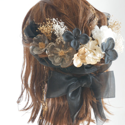 O13 黒　クリアブロッサム　オーガンジーリボン　ドライフラワー　髪飾り　白　桜　卒業式　袴　成人式　振袖　結婚式 2枚目の画像