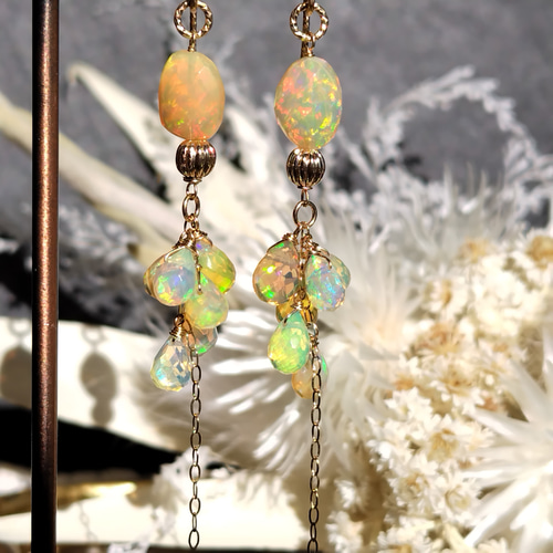 極上 プレシャスオパール シャンデリア ピアス イヤリング 14kgf