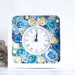 【カラーオーダーＯＫ】“サムシングブルー”の花時計＊プリザーブドフラワー＊印字リボン&ラベルで贈呈品にも♪＊無料ラッピン 2枚目の画像