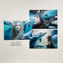 イルカ と 女性 レムリア 自然 イラスト アート ３枚 ハガキ ポストカード セット♪ 1枚目の画像